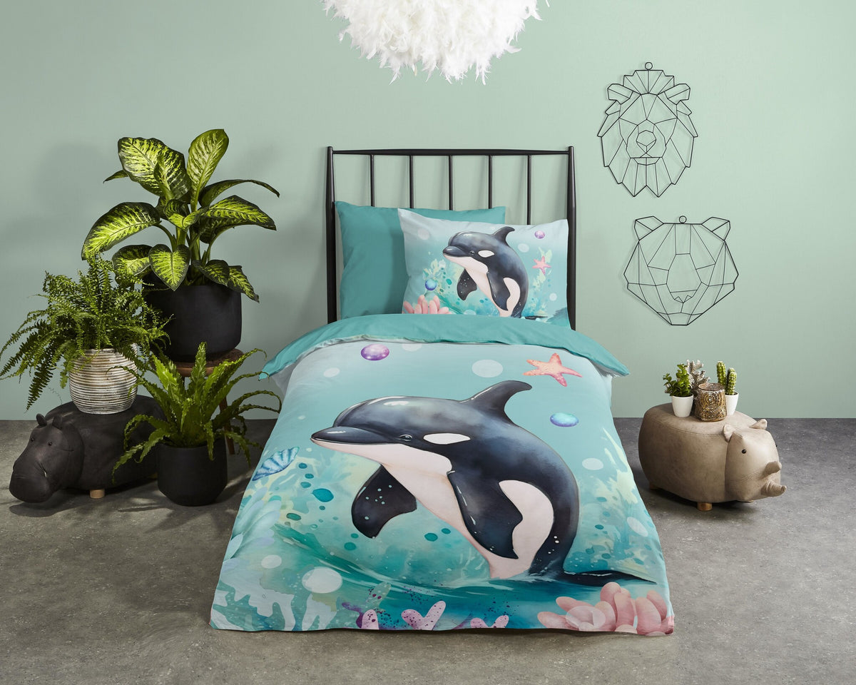 Pure kinderdekbedovertrek Splash orka - microvezel - eenpersoons (140x220 + 60x70 cm)