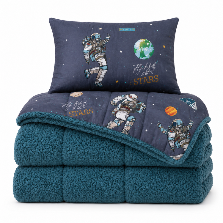 Decoware kinderdekbed en overtrek in 1 - Space - Teddy/Katoen - Incl. kussensloop - 140x220 cm - teddy