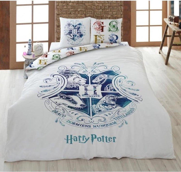 Harry Potter kinderdekbedovertrek Hogwarts wapen - wit - microvezel - eenpersoons (140x200 + 65x65 cm)