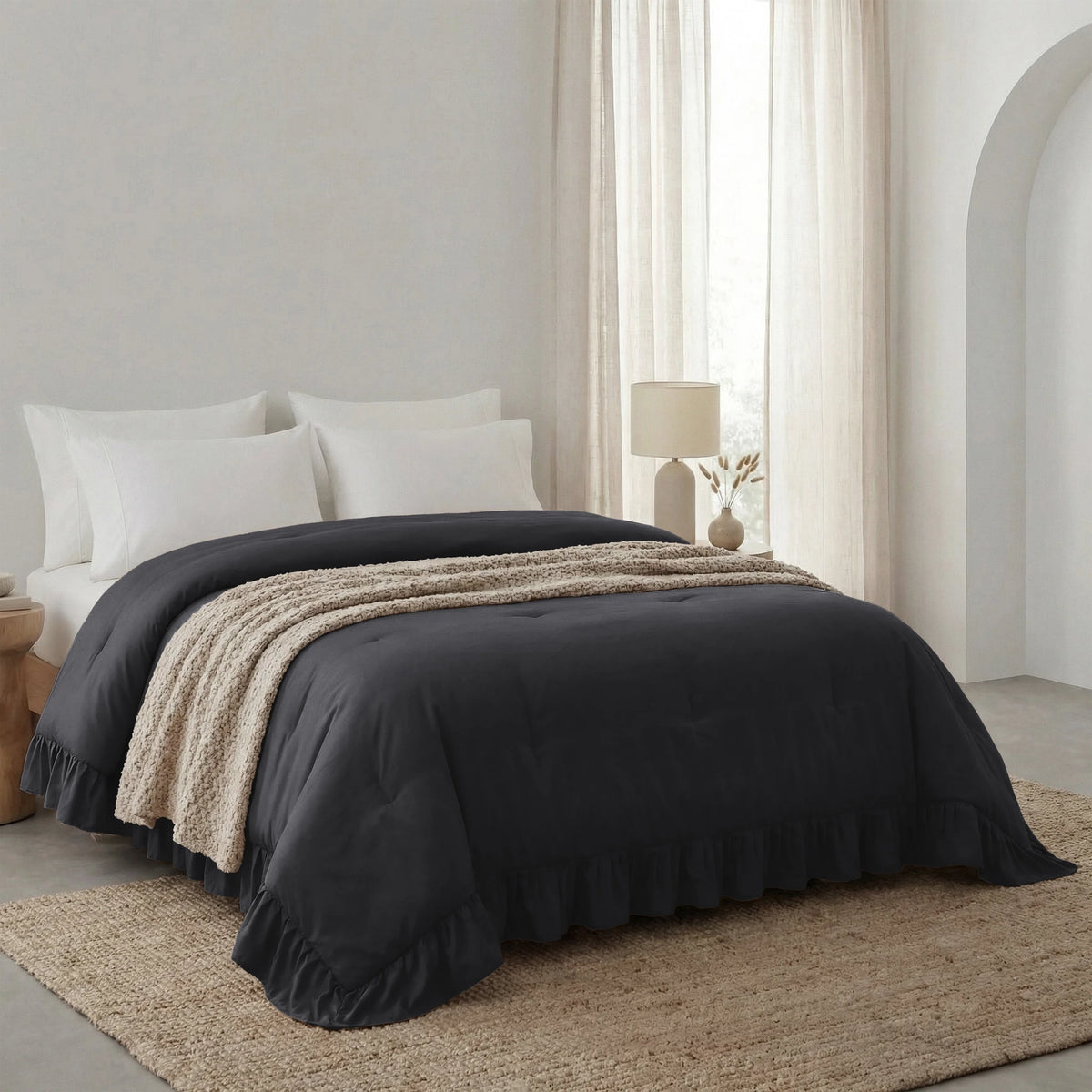 Lazy dekbed en overtrek in 1 - Ruffles - exclusief kussensloop - Antraciet - zijaanzicht