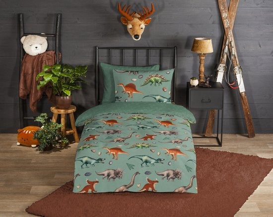 Good Morning kinderdekbedovertrek dino's - flanel - eenpersoons (140x220 + 60x70cm)