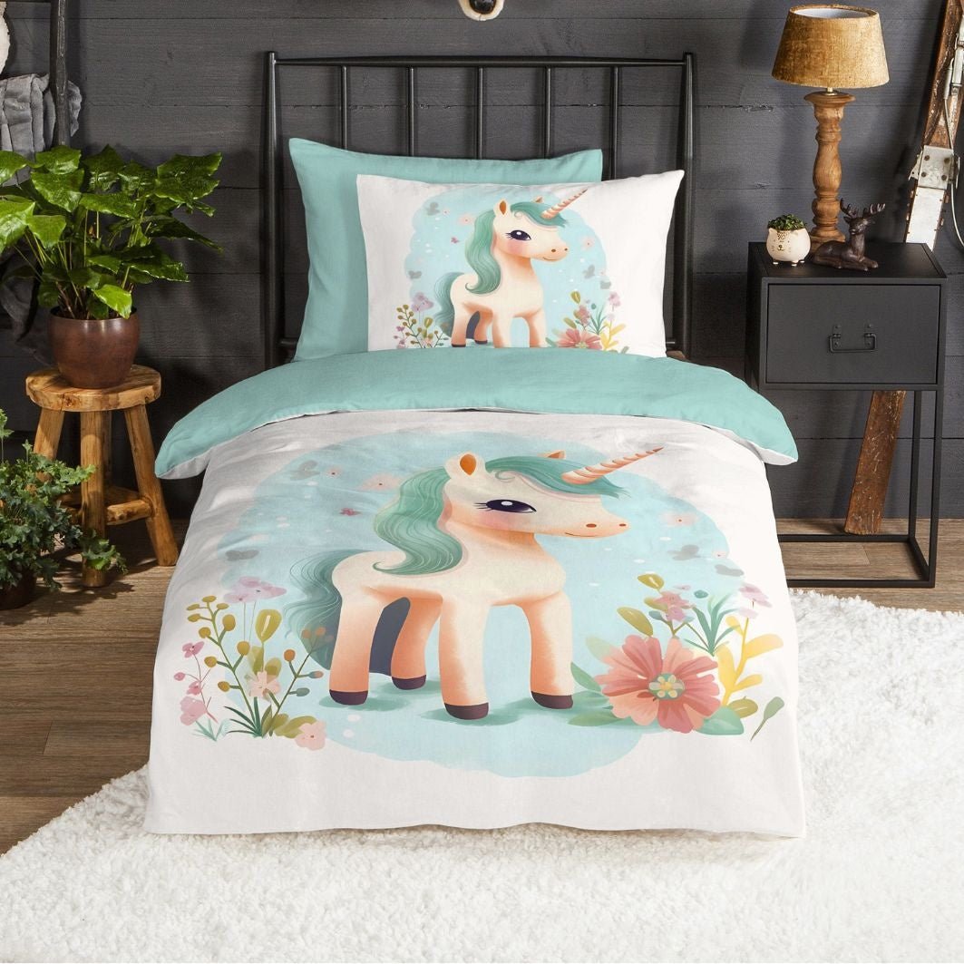 Good Morning kinderdekbedovertrek One Unicorn - flanel - eenpersoons (140x220 + 60x70 cm)