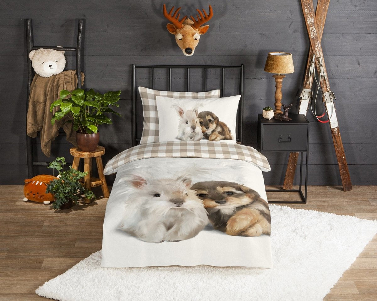 Good Morning kinderdekbedovertrek Cute - zand - flanel - eenpersoons (140x220 + 60x70 cm)