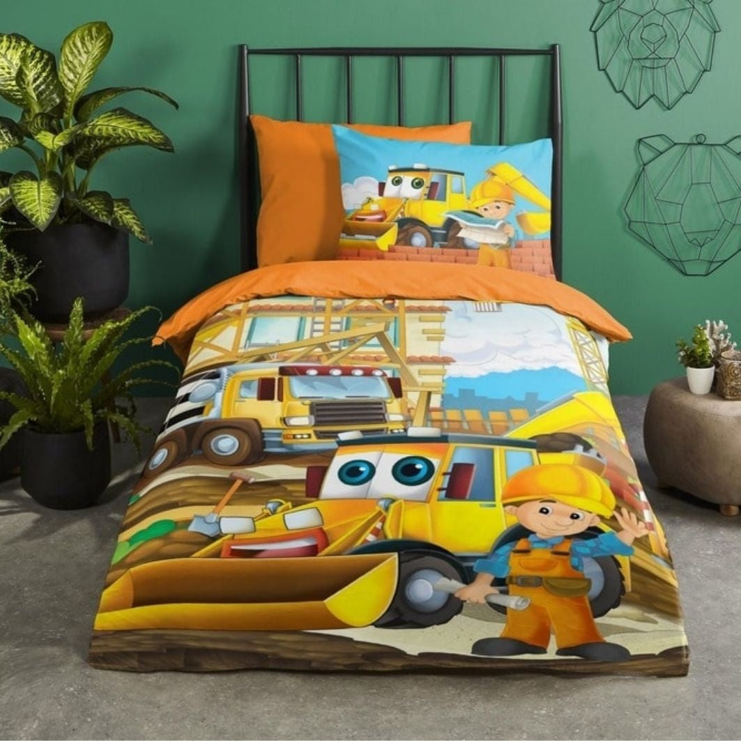 Good Morning kinderdekbedovertrek Bouwplaats - katoen - eenpersoons (140x220 + 60x70 cm)