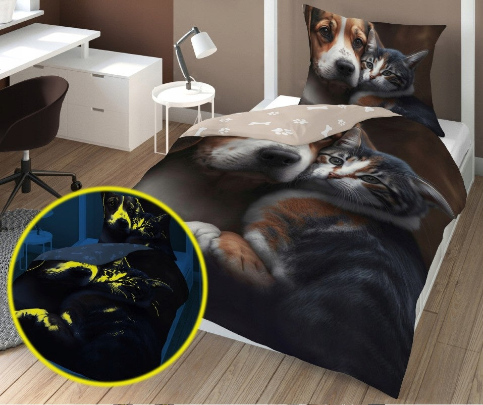 Glow in the dark kinderdekbedovertrek Hond en poes - katoen - eenpersoons (140x200+70x80 cm)