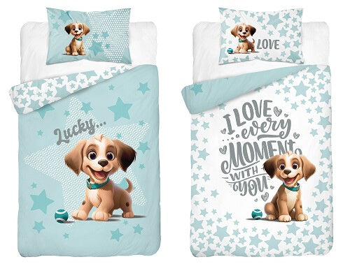Mayamoo dekbedovertrek Hondje Lucky - blauw - bamboe/katoen - ledikant (100x135 + 40x60 cm)