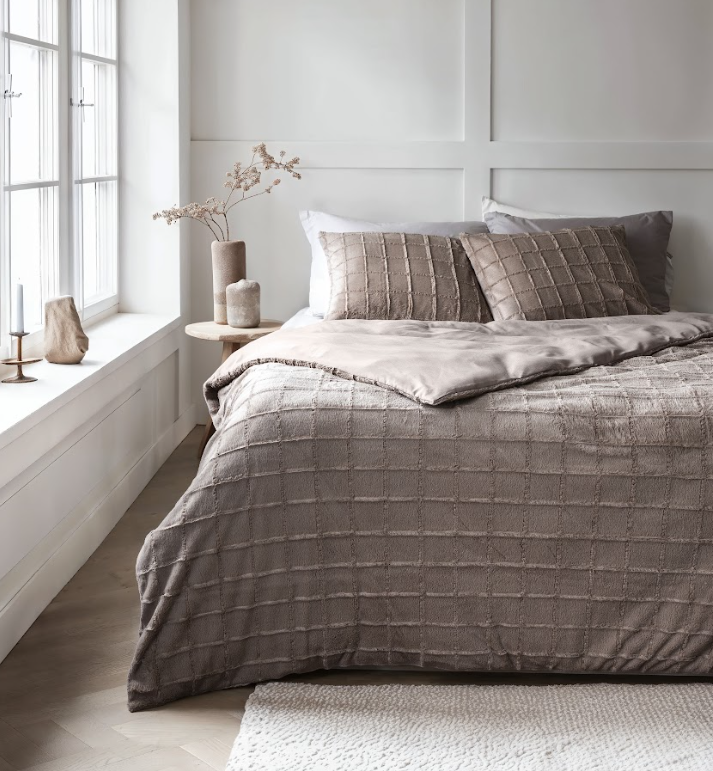 Sleeptime Faux fur dekbedovertrek Check - onderkant microvezel - Taupe