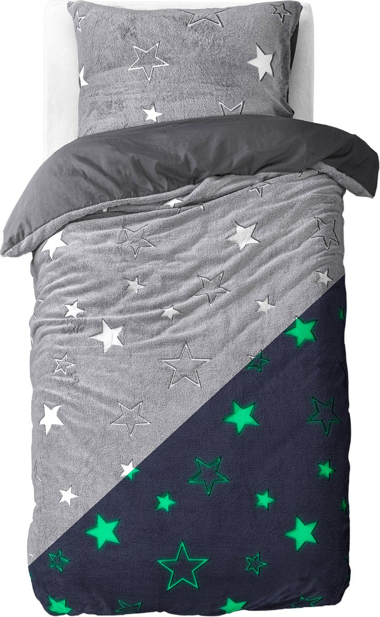 Sleeptime teddy fleece dekbedovertrek onderkant microvezel - glow in the dark - Stars - eenpersoons (140x220 + 60x70 cm)