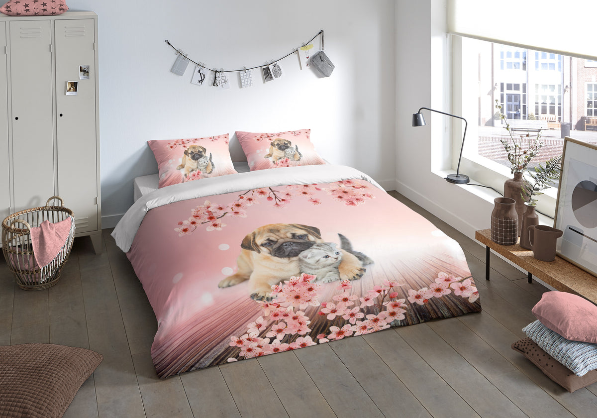 Pure dekbedovertrek Mopshond  & kitten - microvezel - eenpersoons (140x220 + 60x70cm)