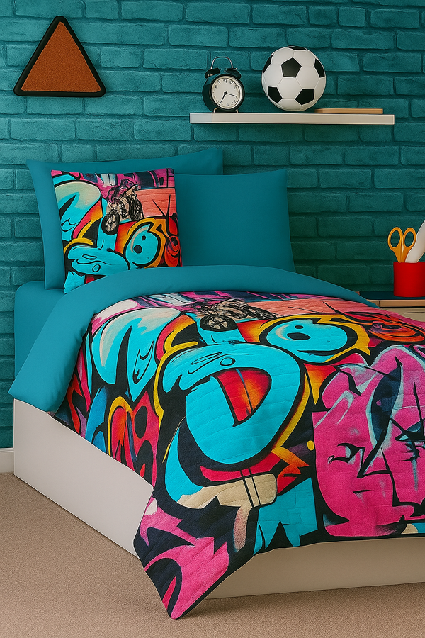 Good Morning kinderdekbedovertrek - petrol - katoen - eenpersoons (140x220 + 60x70 cm)