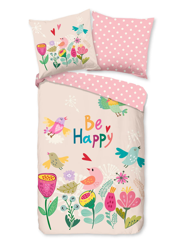 Good Morning kinderdekbedovertrek Be Happy - Roze - katoen - eenpersoons (140x220 + 60x70 cm)