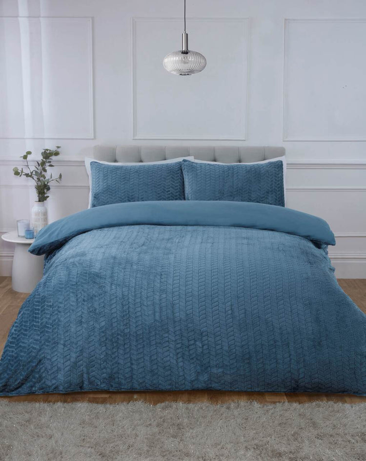 So Soft dekbedovertrek Chevron Teddy - blauw - teddy fleece
