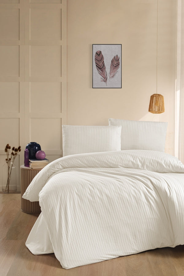 Decoware uni streep dekbedovertrek - crème - katoen satijn