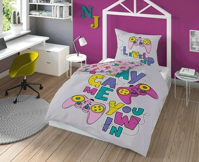 Glow in the dark kinderdekbedovertrek Level up - katoen - eenpersoons (140x200 + 70x80 cm)