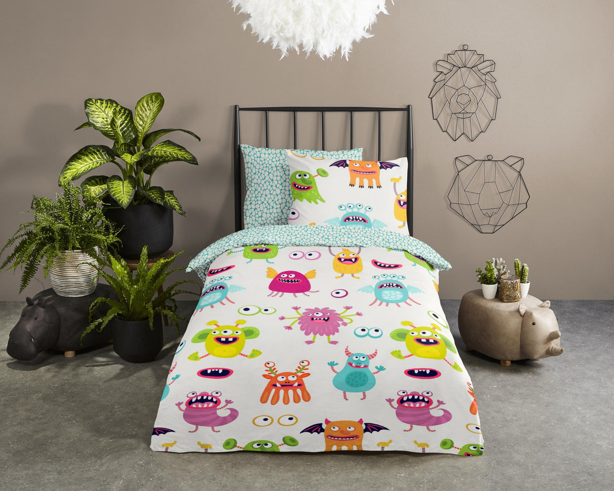 Good Morning kinderdekbedovertrek monsters - katoen - eenpersoons (140x220 + 60x70 cm)