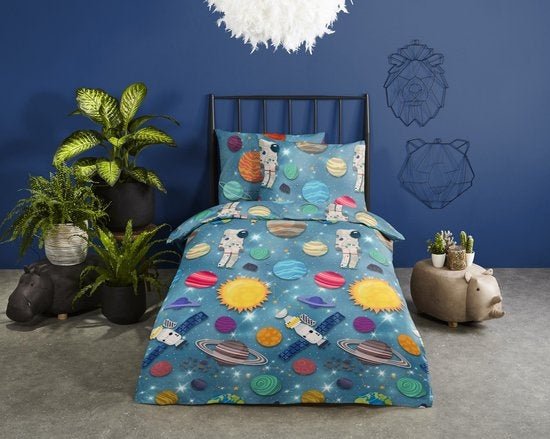 Good Morning  dekbedovertrek Spaceworld - blauw - flanel - eenpersoons (140x220 + 60x70 cm)