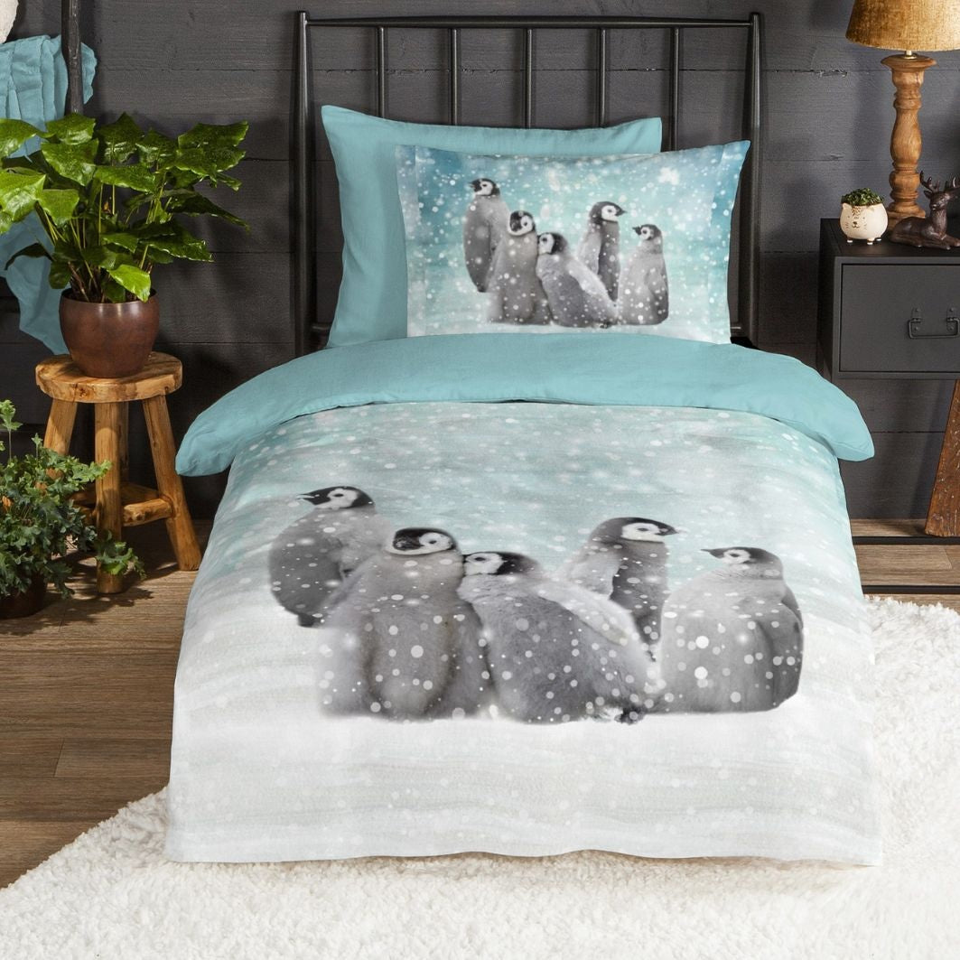Good Morning kinderdekbedovertrek Pinguïns - flanel - eenpersoons (140x220 + 60x70 cm)