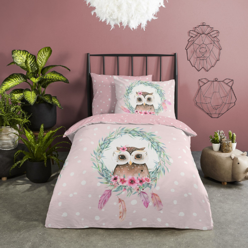 Good Morning kinderdekbedovertrek uil roze - katoen - eenpersoons (140x220 + 60x70 cm)