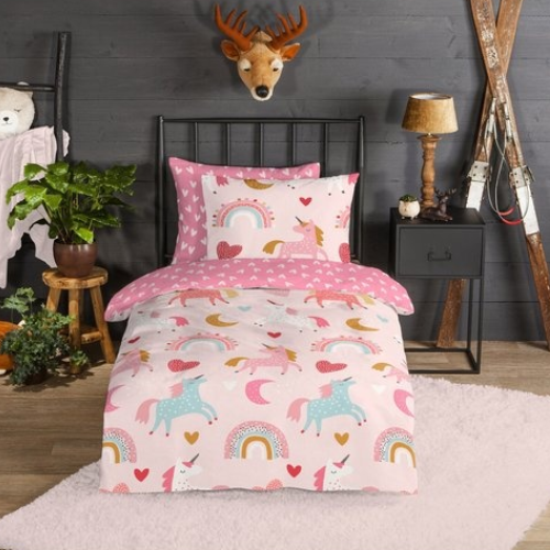 Good Morning kinderdekbedovertrek Unicorn Pink - flanel - eenpersoons (140x220  + 60x70 cm)