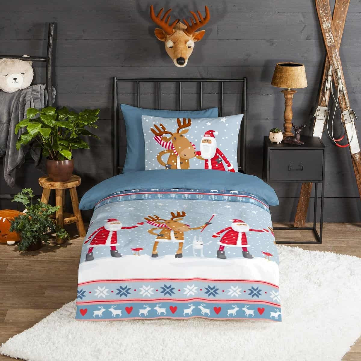 Good Morning kinderdekbedovertrek kerstman & rendier - flanel - eenpersoons (140x220 + 60x70 cm)