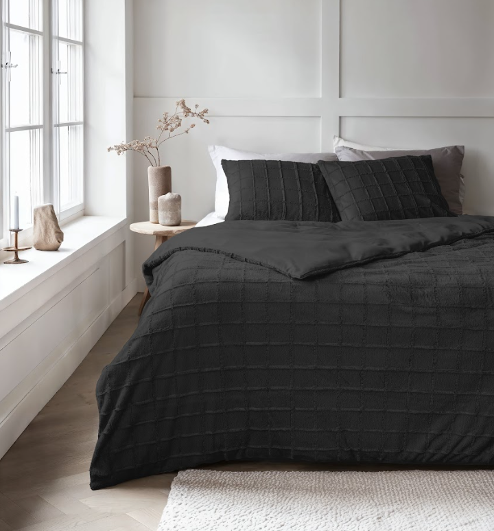 Sleeptime Faux fur dekbedovertrek Check - onderkant microvezel - Zwart