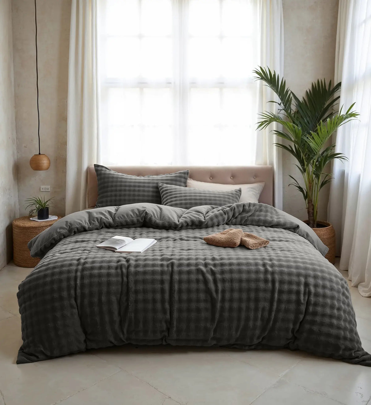 Sleeptime fleece dekbedovertrek onderkant microvezel Pom Pom - Antraciet